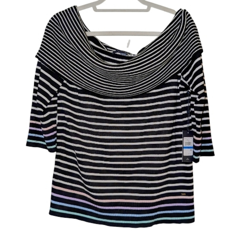 Tommy Hilfiger NWT Striped Off-The-Shoulder Ribbed Sweater XL $89.50
